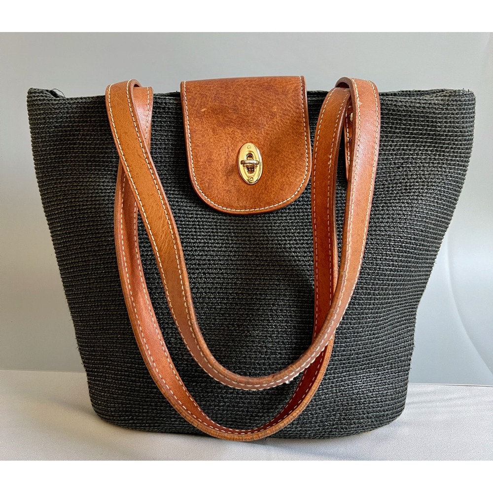 Eric Javits Squishee Black Woven Tote Bag Leather Trim Gingham Shoulder Bag READ
